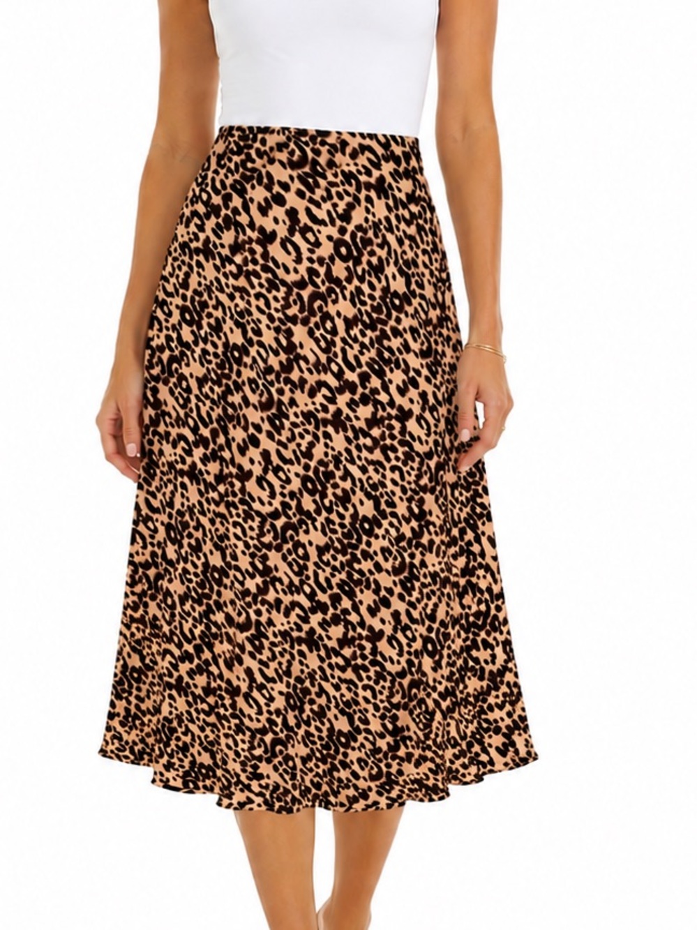 Leopard Print Midi Skirt Pull On Elastic Waist Satiny Versatile Staple Flowy M